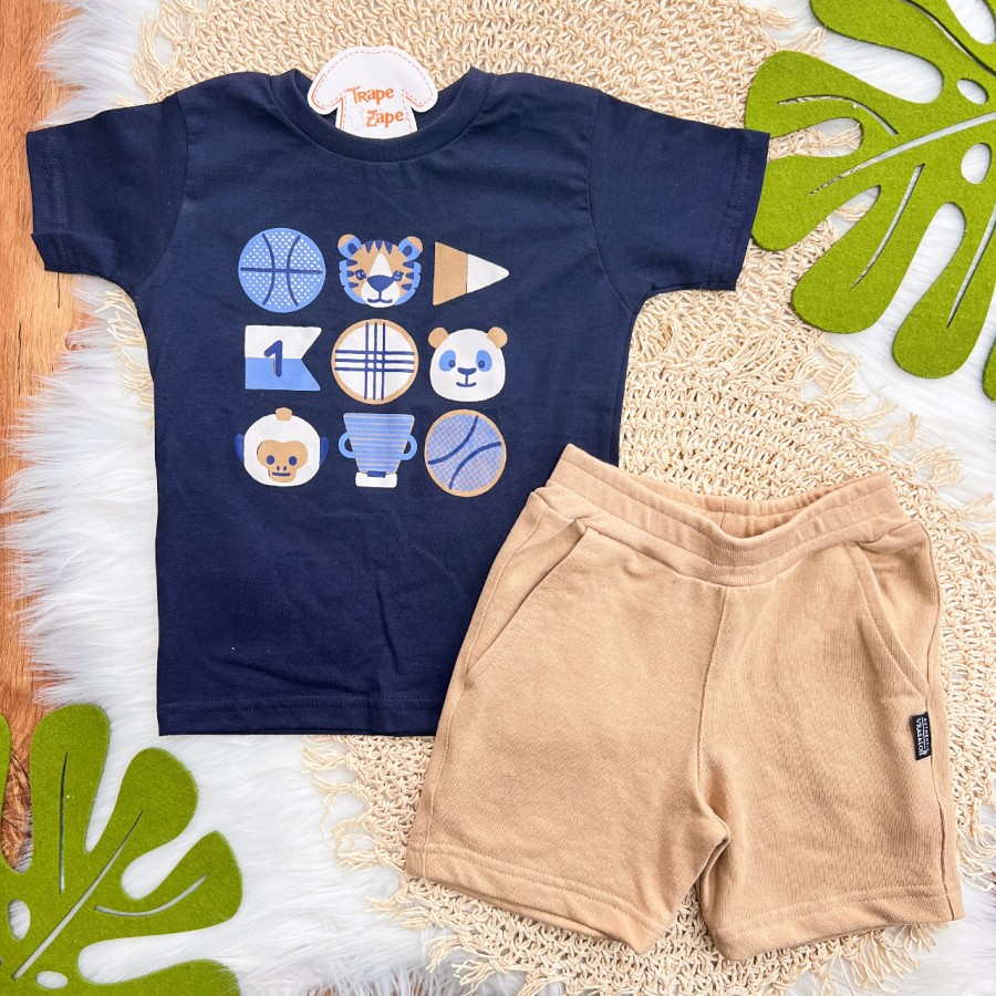 Conj. Camiseta Macaquinho, Tigre e Urso TEAM com Bermuda em Moletinho - Marinho e Areia